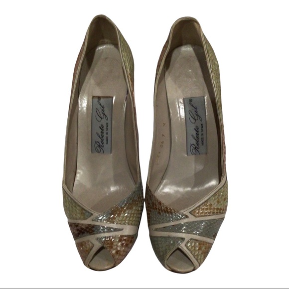 Vintage 80s Roberto Gil Peeptoe Snakeskin Shoes Heels 7 M - Picture 1 of 11